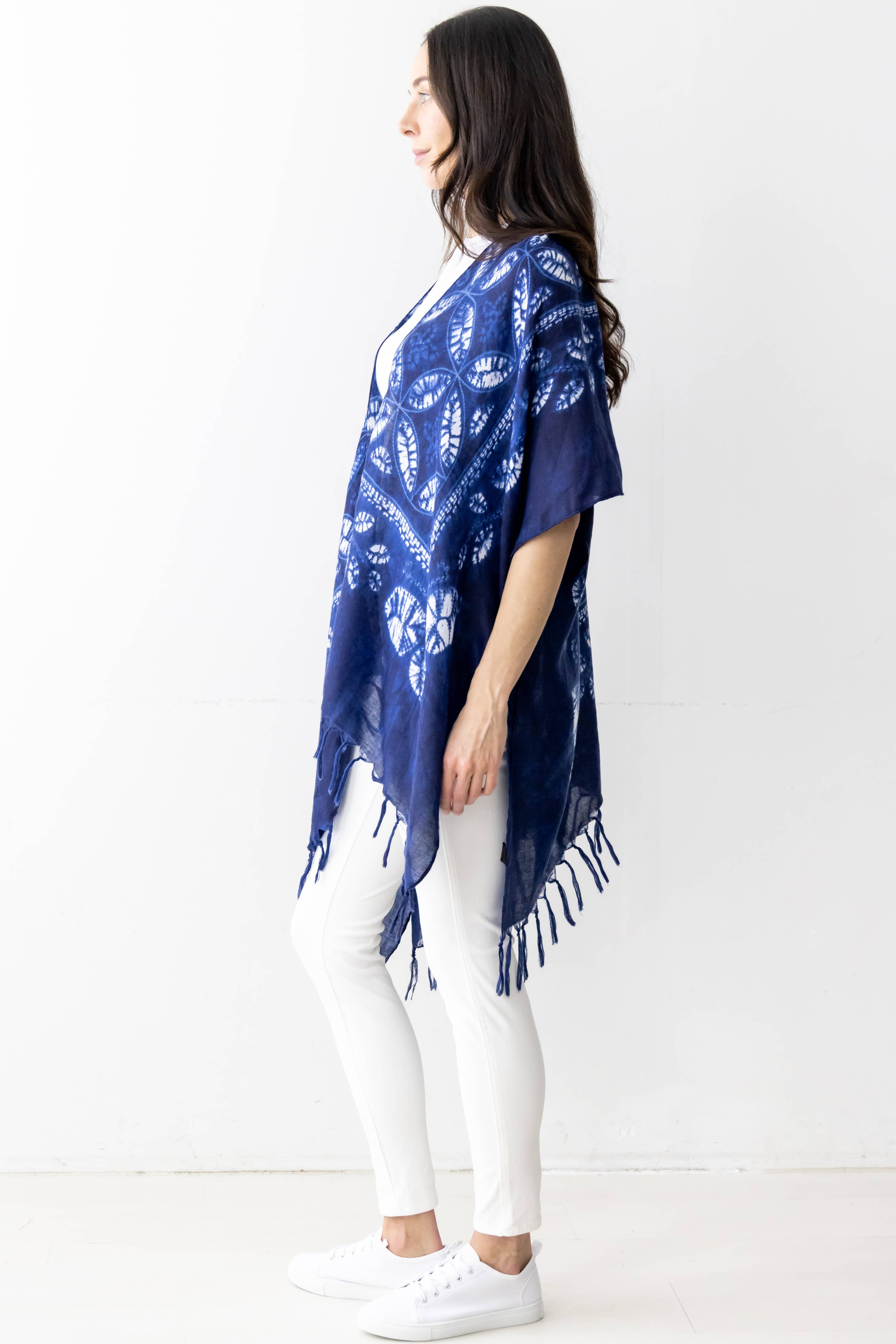 Indigo Leaf Print Kimono w/ Fringes