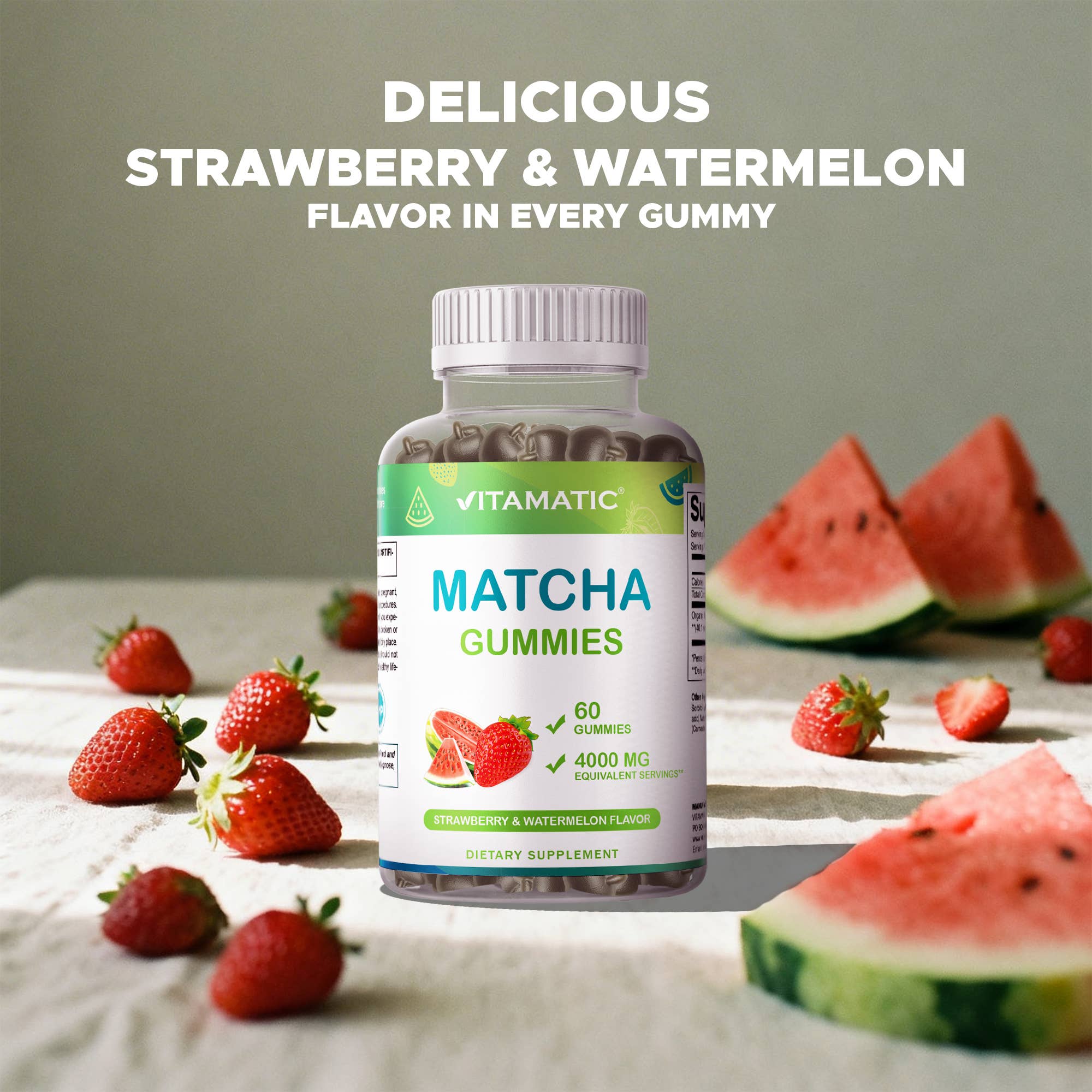 Vitamatic Matcha Gummies 60 Ct, Strawberry & Watermelon flvr