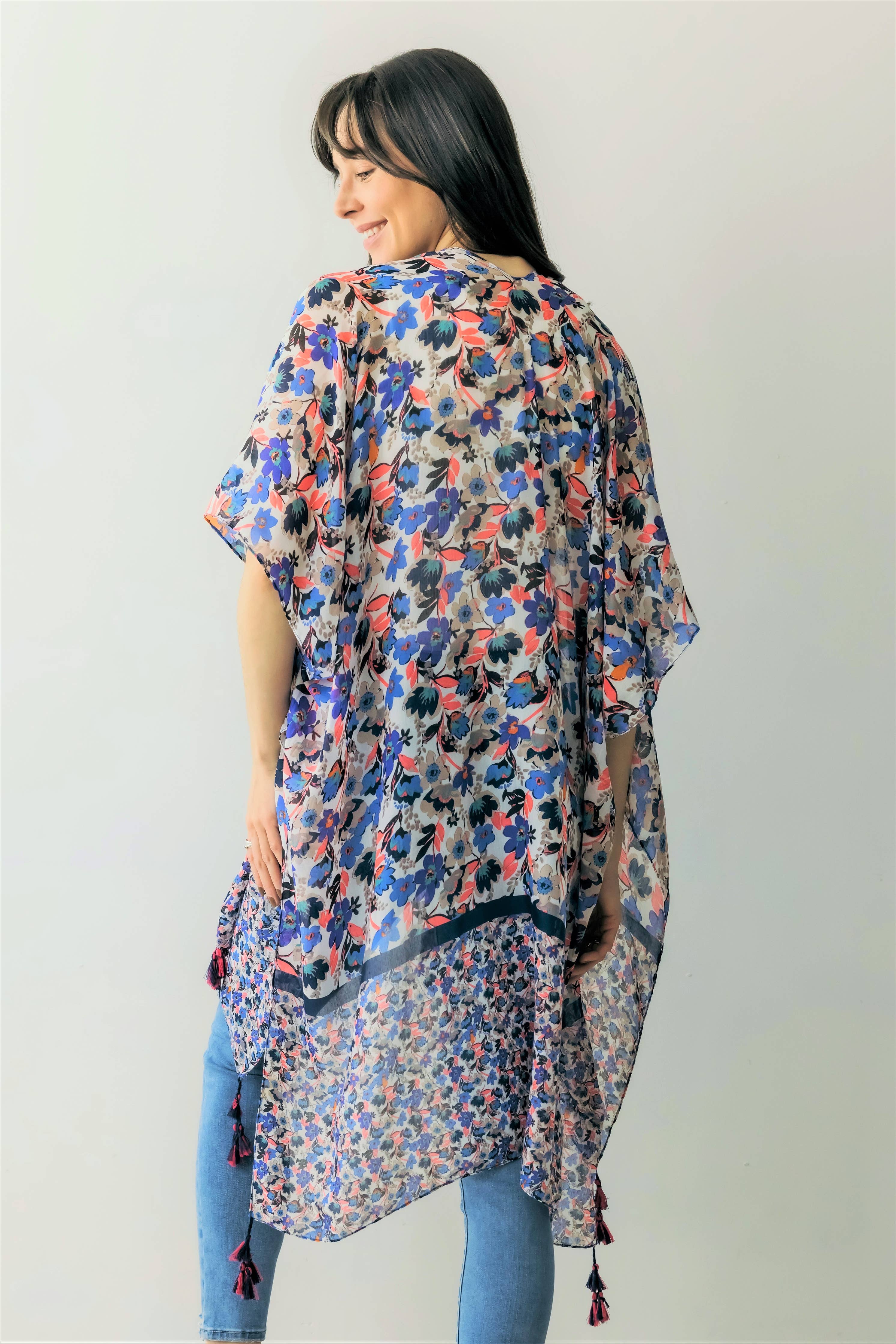 Floral Print Kimono w/ Tassels
