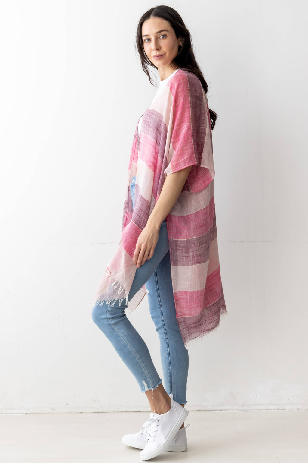 Stripe Faux Linen Kimono