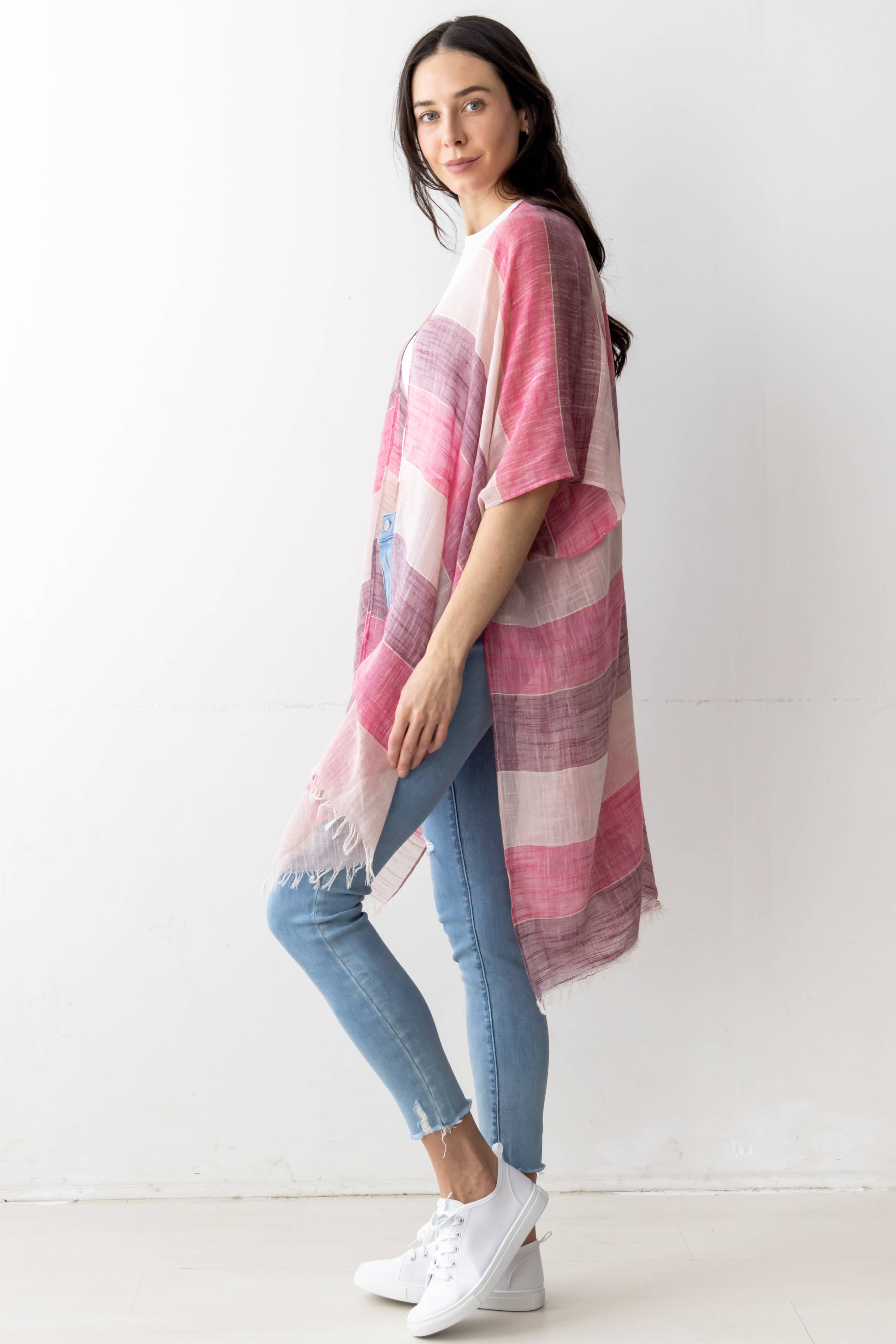 Stripe Faux Linen Kimono