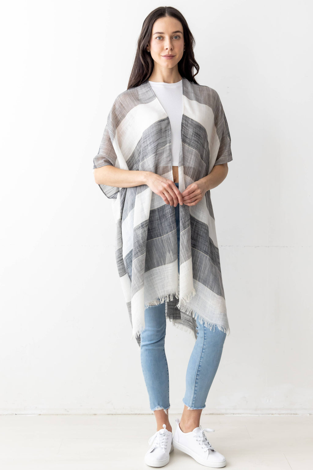 Stripe Faux Linen Kimono