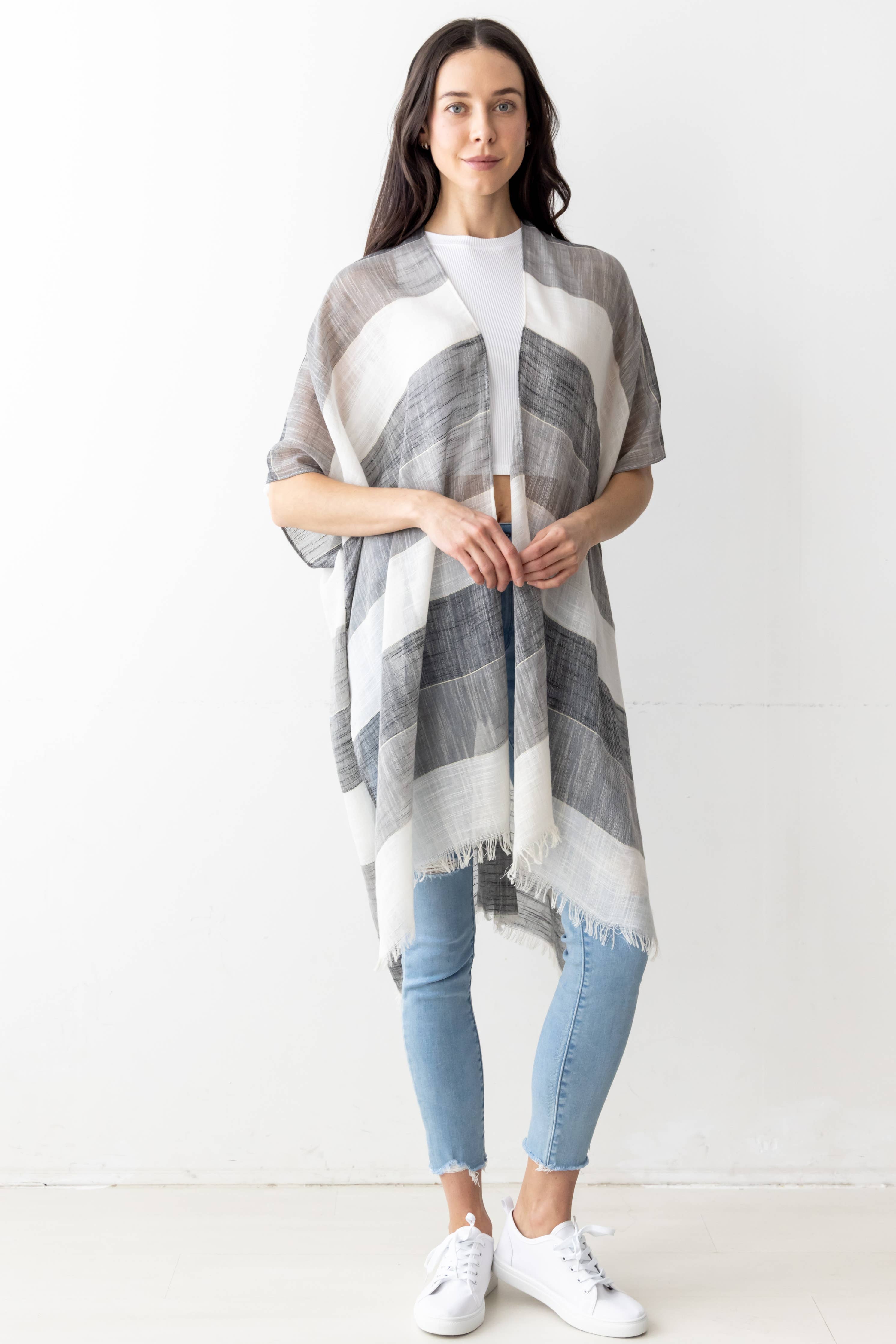 Stripe Faux Linen Kimono