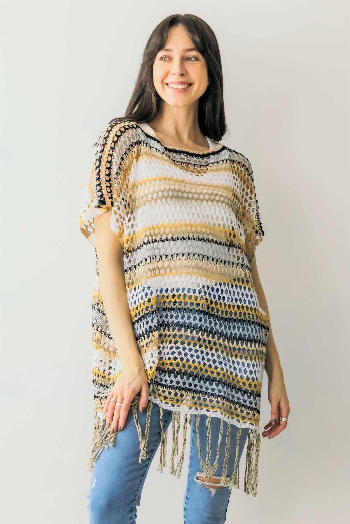 Color Block Open Weave Knit Poncho w/ Tassels