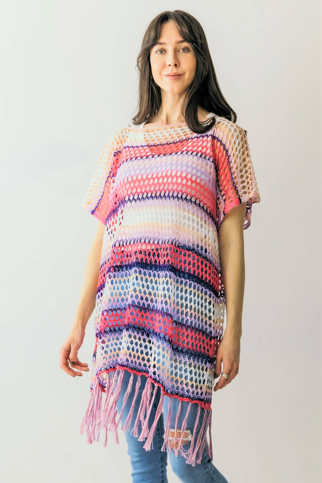 Color Block Open Weave Knit Poncho w/ Tassels