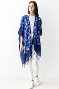 Indigo Leaf Print Kimono w/ Fringes